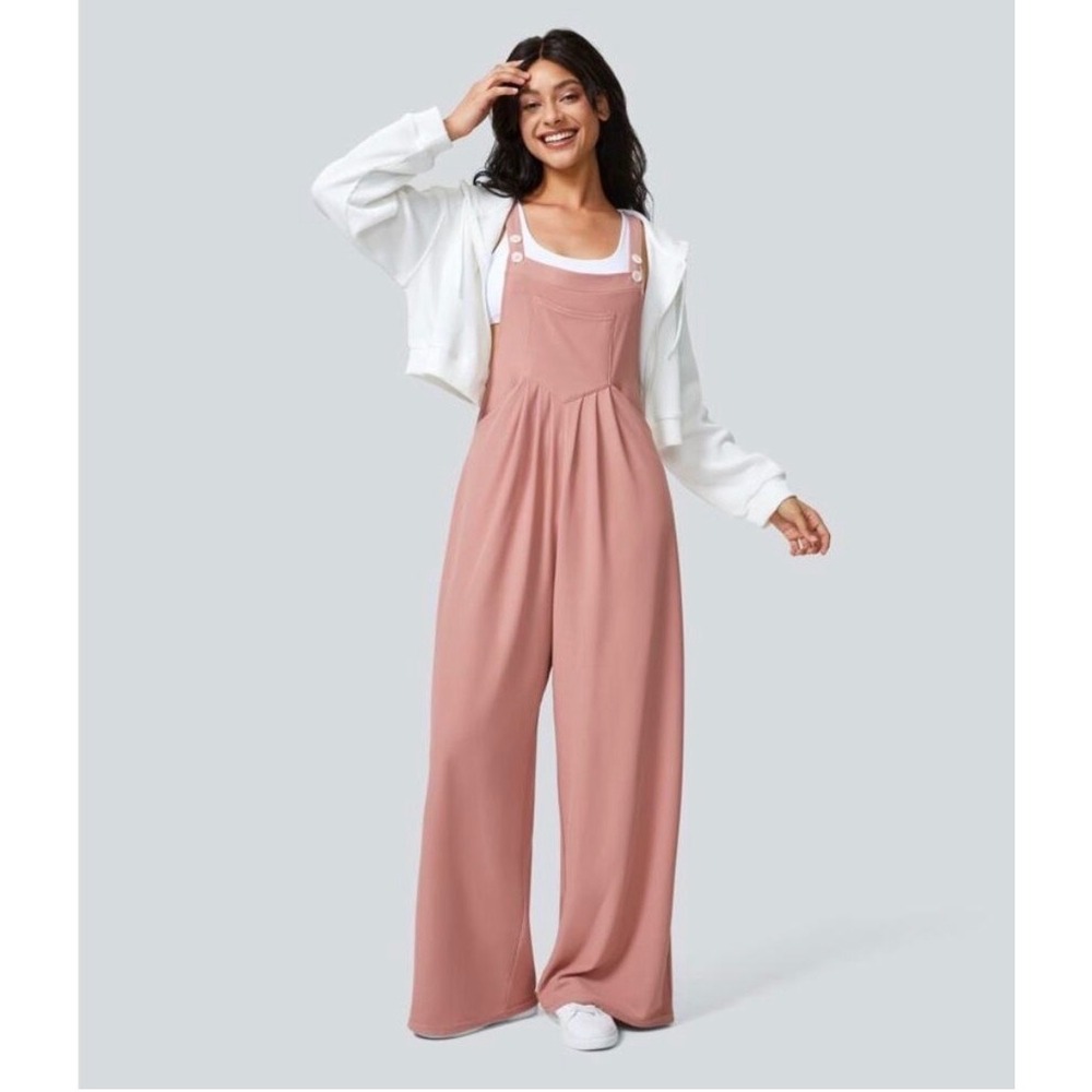 Halara dusty rose pink jumpsuit waffle knit adjustable straps buttons size XS/S